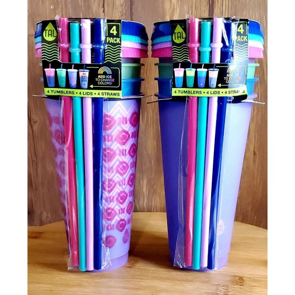 NEW TAL Color Changing Tumblers Straw Set 24oz 4 Pack Cold Cups & Lids SET Of 2